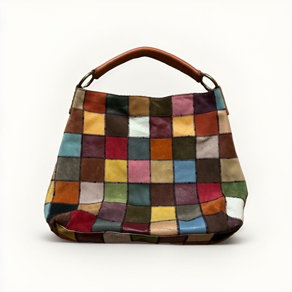 Vintage Leather Lucky Brand Hobo Patchwork Handbag Y2K Thick Braided Handle Boho